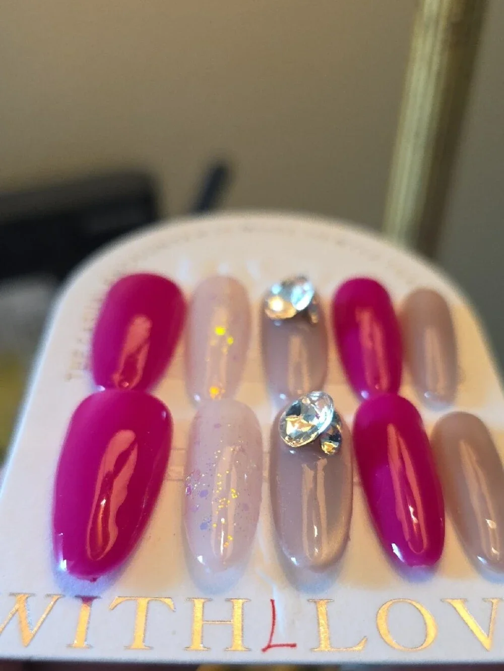 Press-On Nail Set with Fuchsia and Nude Shades Rhinestone Accent Size Large